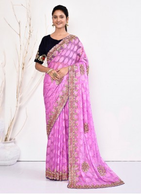 Contemporary Saree Handwork Shimmer in Rose Pink