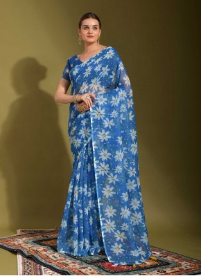 Contemporary Saree Printed Linen in Blue