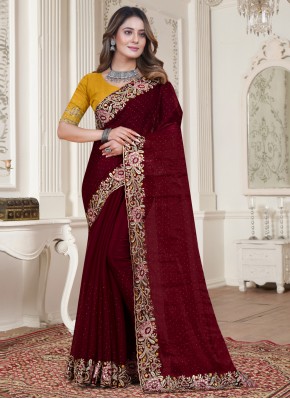 Contemporary Saree Resham Satin Silk in Maroon
