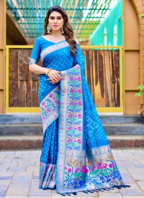 Contemporary Saree Weaving Silk in Aqua Blue