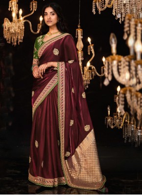 Contemporary Style Saree Embroidered Fancy Fabric in Maroon