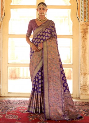 Contemporary Style Saree Foil Print Silk in Purple