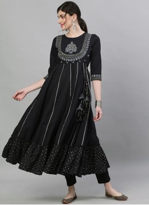 Cotton Black Embroidered Party Wear Kurti