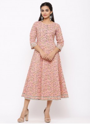 Cotton Floral Print Casual Kurti in Pink