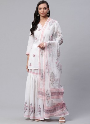 Cotton Off White Embroidered Readymade Salwar Suit