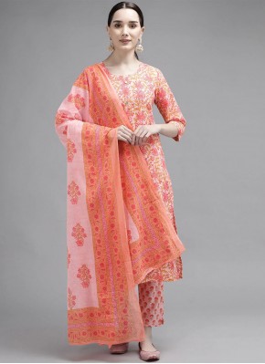 Cotton Peach Printed Readymade Salwar Suit