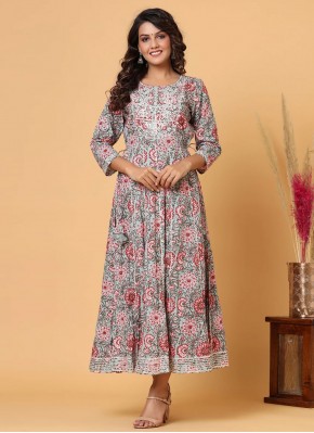 Cotton Printed Readymade Gown in Multi Colour