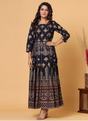 Cotton Printed Trendy Gown in Navy Blue