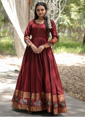 Cotton Readymade Gown in Maroon