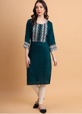 Cotton Silk Embroidered Teal Party Wear Kurti