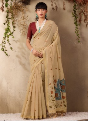 Cream Handloom Cotton Contemporary Saree