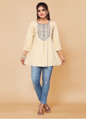 Cream Rayon Embroidered Party Wear Kurti