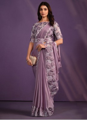 Crepe Silk Lavender Embroidered Contemporary Saree