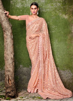 Customary Jacquard Silk Pink Resham Trendy Saree