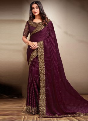 Cute Satin Silk Purple Patch Border Designer Saree