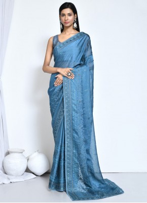 Dainty Embroidered Blue Contemporary Saree