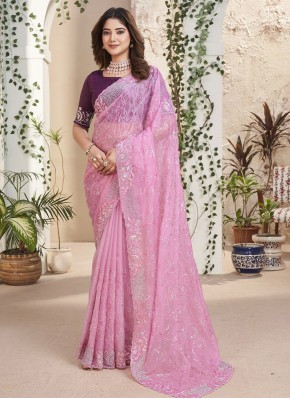 Dainty Pink Sequins Fancy Fabric Trendy Saree