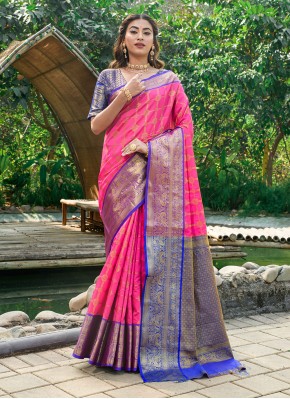 Dainty Weaving Pink Banarasi Silk Contemporary Style Saree