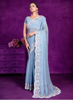 Dazzling Embroidered Blue Shimmer Trendy Saree