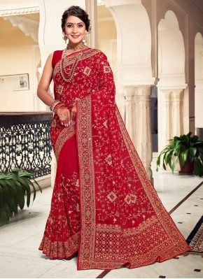 Dazzling Embroidered Red Georgette Contemporary Saree