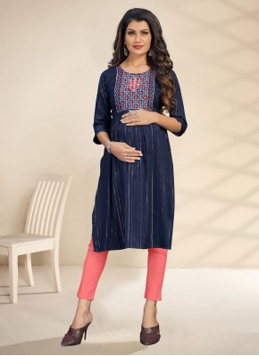 Dazzling Rayon Embroidered Blue Party Wear Kurti