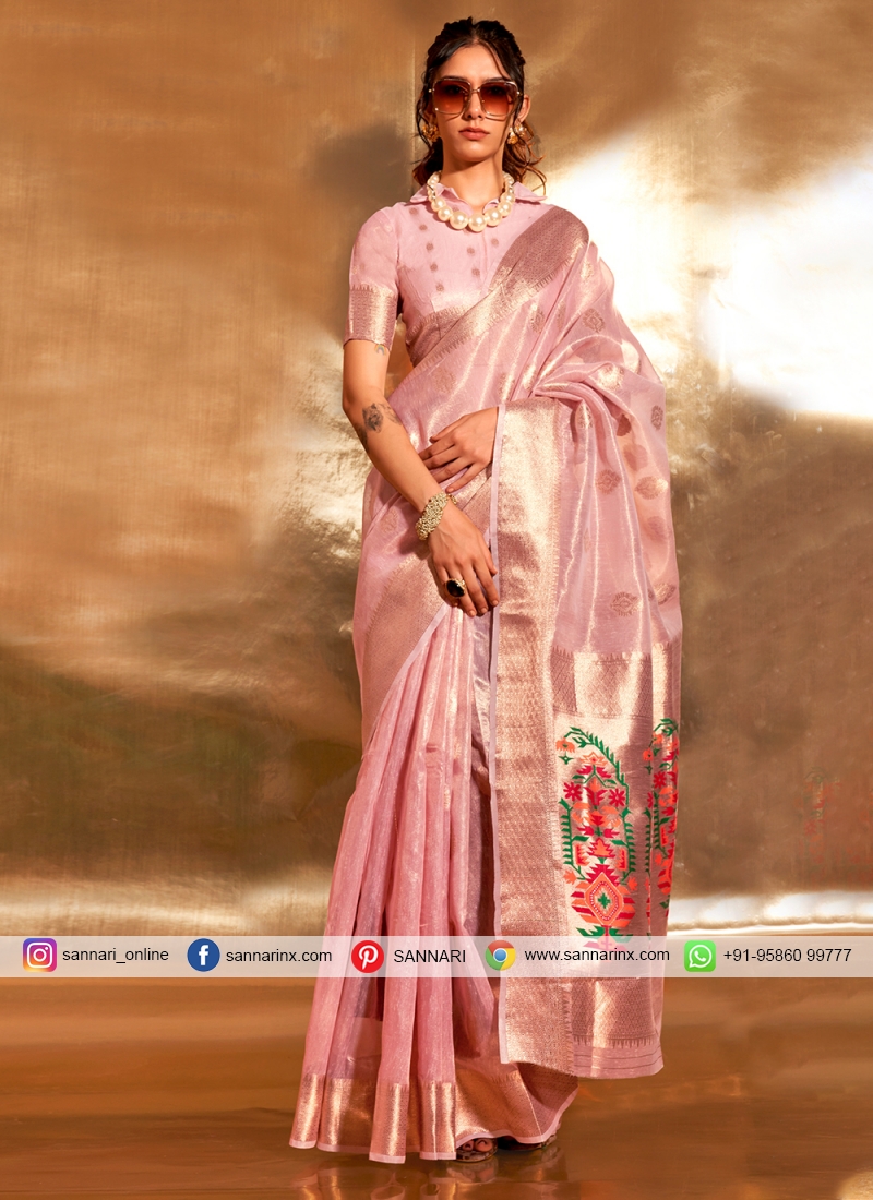 Dazzling Tissue Pink Woven Trendy Saree