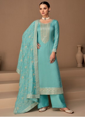 Delectable Aqua Blue Embroidered Silk Trendy Salwar Kameez