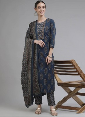 Delectable Printed Cotton Navy Blue Trendy Salwar Suit