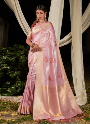 Delightful Linen Pink Weaving Classic Saree