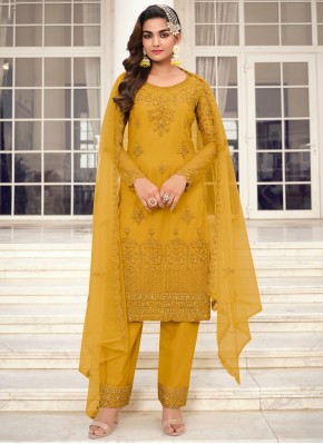 Delightful Net Embroidered Yellow Straight Salwar Suit