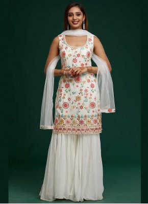 Demure Embroidered Faux Georgette White Palazzo Salwar Suit