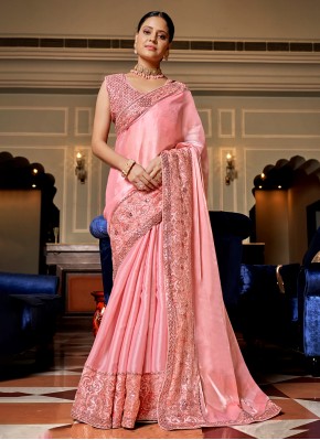 Deserving Embroidered Pink Chiffon Contemporary Style Saree