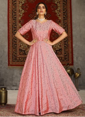 Designer Gown Foil Print Tafeta Silk in Pink