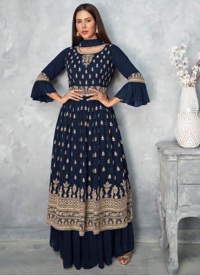 Designer Pakistani Suit Embroidered Faux Georgette in Navy Blue