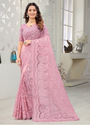 Designer Saree Embroidered Net in Pink