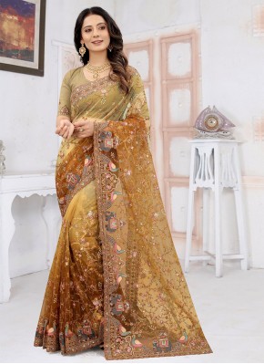 Designer Traditional Saree Embroidered Net in Mustard