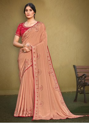 Designer Traditional Saree Patch Border Faux Georgette in Peach