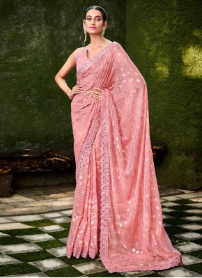 Dignified Jacquard Silk Resham Pink Classic Saree