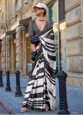 Dignified Print Faux Crepe Black and White Classic Saree
