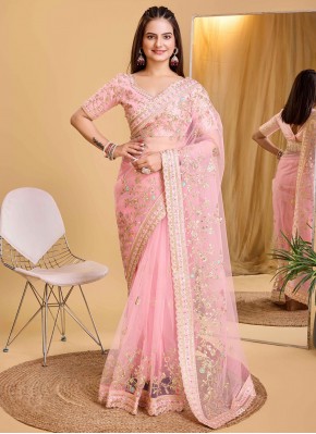 Distinguishable Embroidered Rose Pink Silk Designer Saree