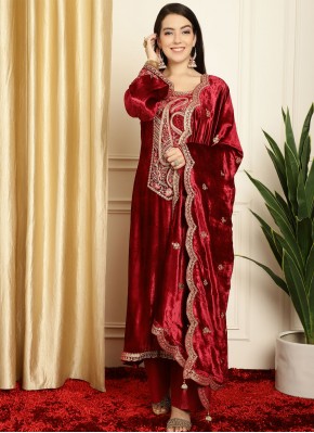 Distinguishable Embroidered Velvet Maroon Salwar Suit