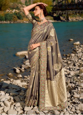 Distinguishable Moti Banarasi Silk Brown Contemporary Saree
