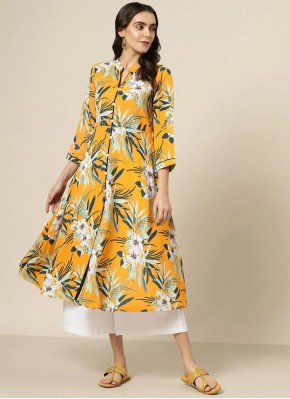 Elite Teal and Yellow Floral Print Casual Kurti