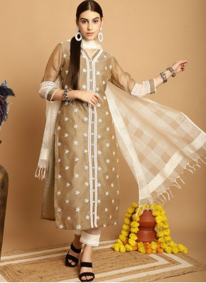 Embroidered Chanderi Readymade Salwar Suit in Brown