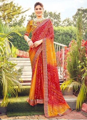 Embroidered Chiffon Trendy Saree in Red and Yellow