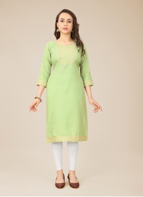Embroidered Cotton Floor Length Kurti in Green