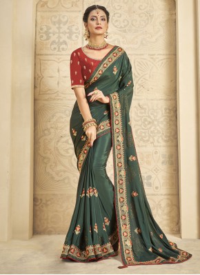 Embroidered Crepe Silk Classic Saree in Green