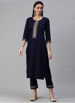 Embroidered Faux Crepe Casual Kurti in Navy Blue