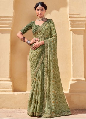 Embroidered Faux Georgette Classic Saree in Green