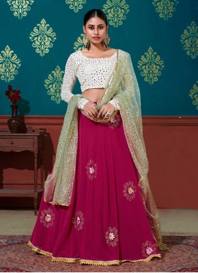 Embroidered Faux Georgette Lehenga Choli in Off White and Rani